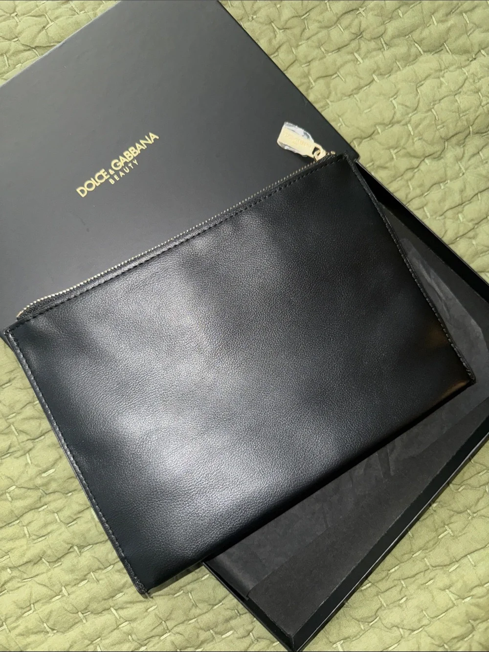 Dolce & Gabbana Black Leather Beauty Pouch with Gold Logo